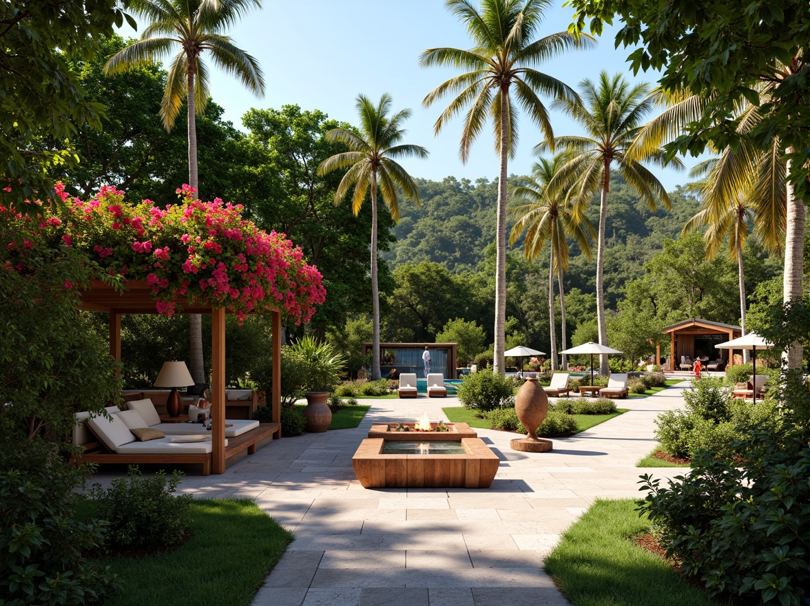 Prompt: Lush tropical gardens, exotic palm trees, vibrant hibiscus flowers, colorful bougainvillea vines, natural stone walkways, wooden decking, outdoor seating areas, resort-style pools, waterfall features, tiki torches, lantern lighting, rustic wooden fences, dense foliage, warm sunny day, soft diffused light, shallow depth of field, 3/4 composition, panoramic view, realistic textures, ambient occlusion.