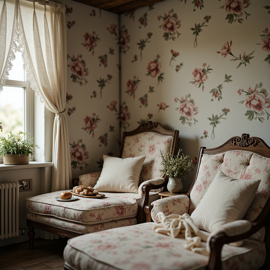 Prompt: Vintage distressed furniture, soft pastel hues, floral patterns, ruffled curtains, lace trimmings, natural fabrics, linen upholstery, cotton lace, worn wood accents, antique accessories, feminine touches, rustic decor, warm candlelight, shallow depth of field, 1/1 composition, cozy atmosphere, realistic textures, ambient occlusion.