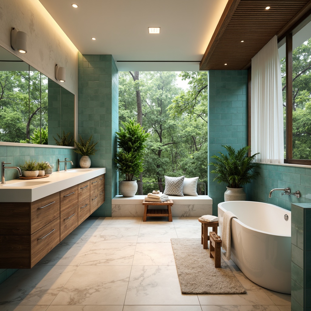 Prompt: Vibrant bathroom interior, soft warm lighting, gleaming marble countertops, polished chrome fixtures, tranquil spa-like ambiance, soothing blue-green color scheme, calming aqua glass tiles, creamy white cabinets, rustic wooden accents, lush greenery, natural stone flooring, elegant freestanding tubs, modern rainfall showerheads, cozy plush towels, 3/4 composition, shallow depth of field, realistic textures, ambient occlusion.