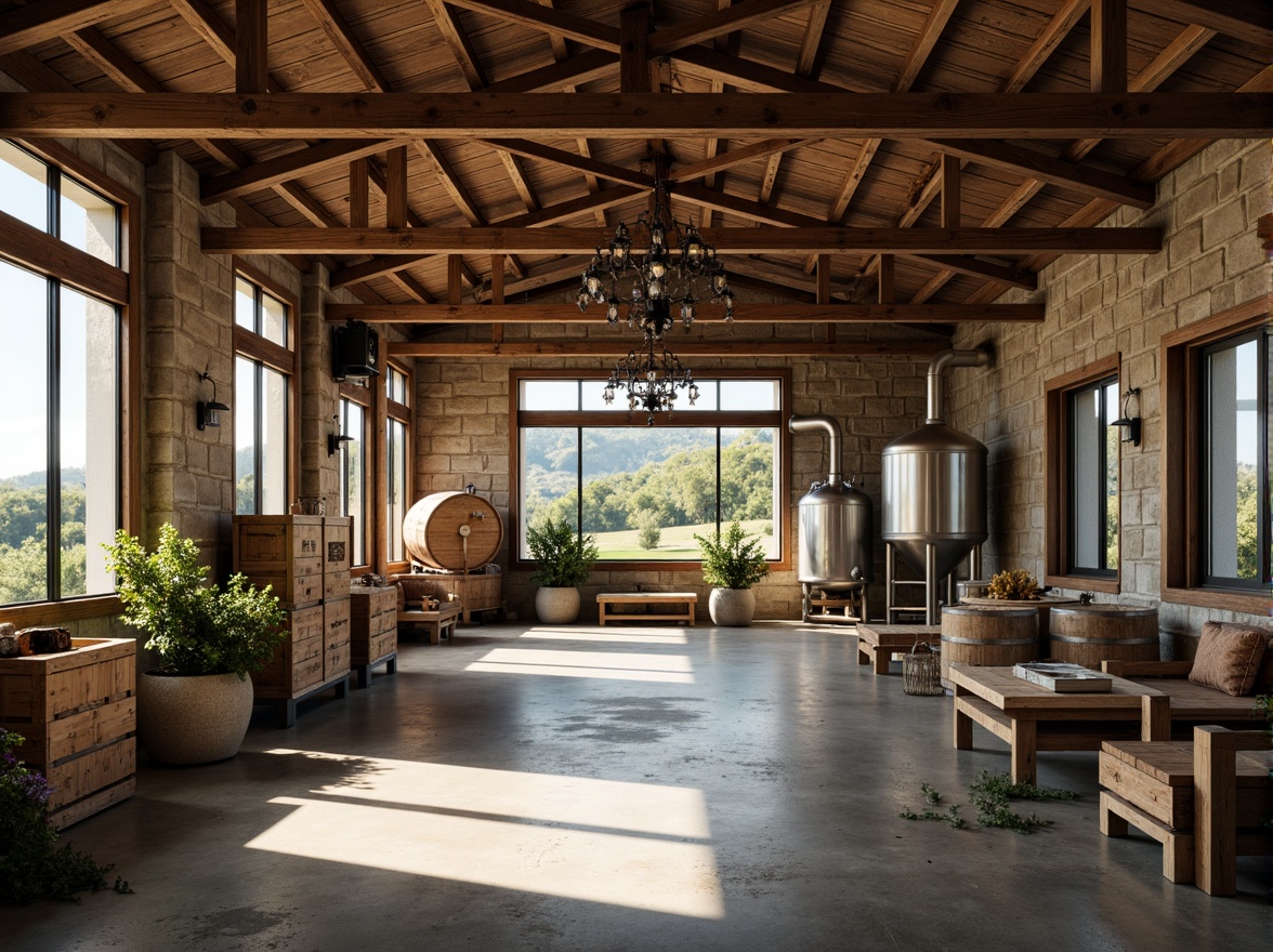 Prompt: Rustic winery, industrial chic, distressed wood accents, metal beams, concrete floors, reclaimed wooden barrels, steel fermentation tanks, minimalist decor, natural stone walls, large windows, soft warm lighting, shallow depth of field, 3/4 composition, panoramic view, realistic textures, ambient occlusion, vintage wine-making equipment, wooden crates, earthy tones, lush greenery, rolling hills, sunny day.