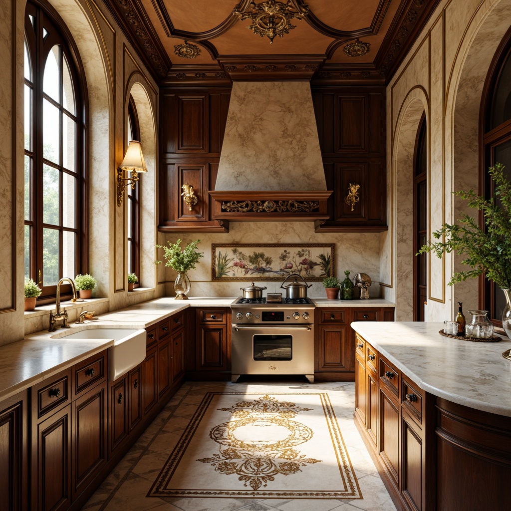 Prompt: Elegant Renaissance-style kitchen, ornate cabinetry, intricately carved wooden details, luxurious marble countertops, creamy white granite, richly veined stone surfaces, classic pedestal sinks, ornamental metal faucets, decorative ceramic tiles, warm golden lighting, soft focus, 1/2 composition, atmospheric perspective.