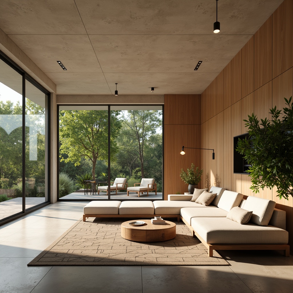 Prompt: Sleek low-profile furniture, neutral color palette, natural wood accents, subtle Asian patterns, minimal ornamentation, floor-to-ceiling windows, sliding glass doors, lush greenery views, warm beige walls, polished concrete floors, modern minimalist lighting fixtures, soft warm glow, shallow depth of field, 1/1 composition, panoramic view, realistic textures, ambient occlusion, serene atmosphere, natural materials, organic shapes, harmonious balance.