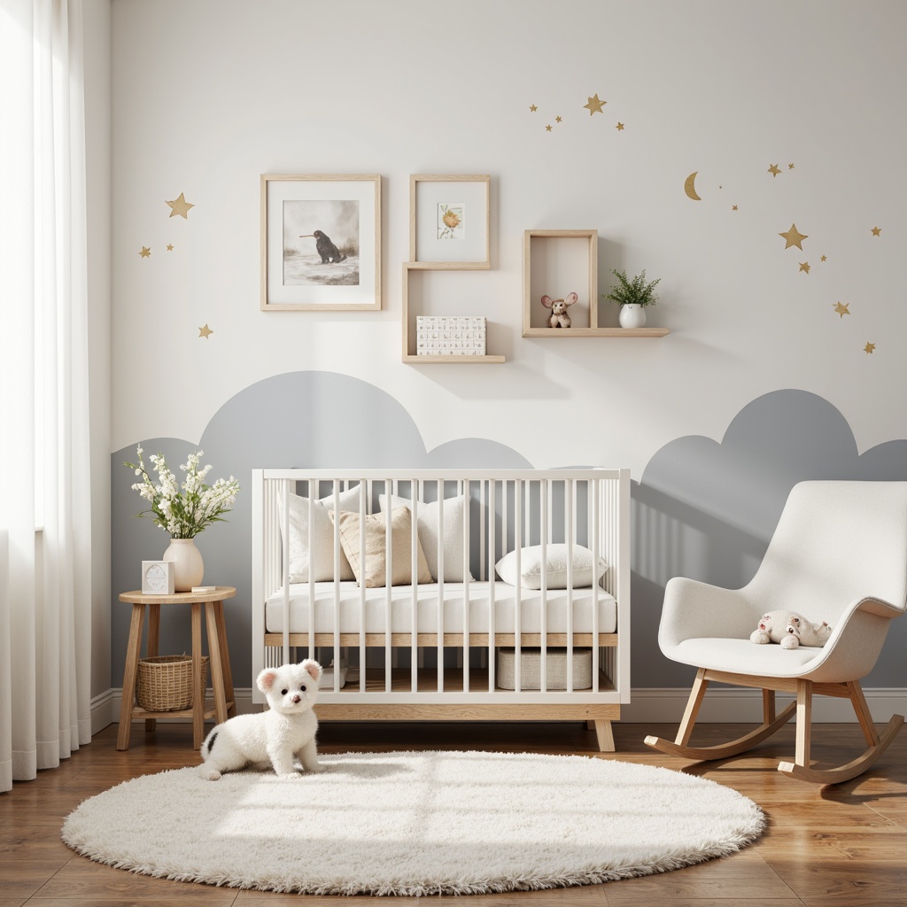 Prompt: Soft nursery ambiance, calming pastel hues, creamy whites, gentle grays, soothing blues, warm beiges, natural wood tones, plush area rugs, delicate florals, subtle polka dots, whimsical wall decals, cozy reading nooks, comfortable gliders, softbox lighting, 1/2 composition, shallow depth of field, realistic textures.