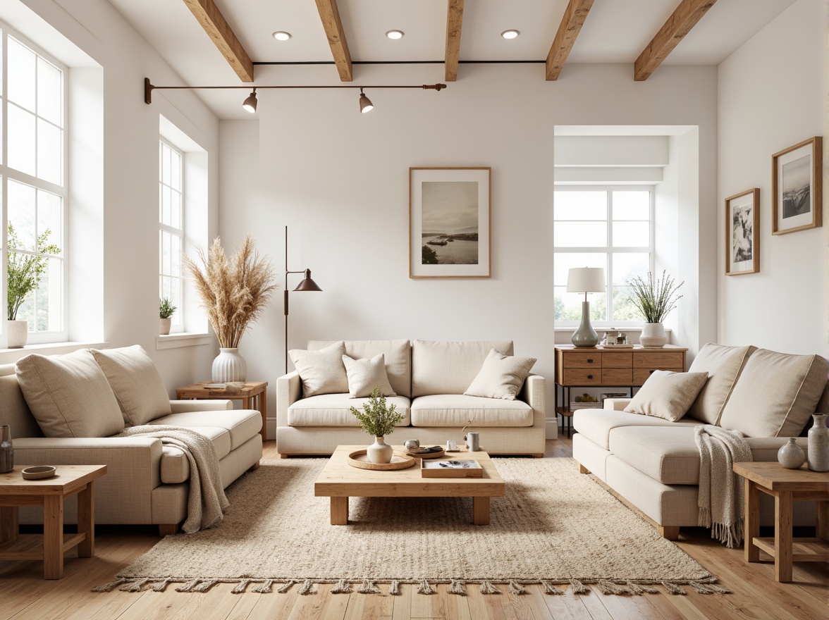 Prompt: Light-filled Nordic living room, minimalist decor, natural wood accents, blonde wood flooring, creamy white walls, warm beige sofas, woven textiles, organic linen fabrics, rustic wooden coffee tables, industrial metal lighting, earthy ceramic vases, soft pastel colors, cozy throw blankets, functional simplicity, airy open spaces, large windows, Nordic modern architecture, sustainable eco-friendly materials, FSC-certified wood, recyclable metal components.