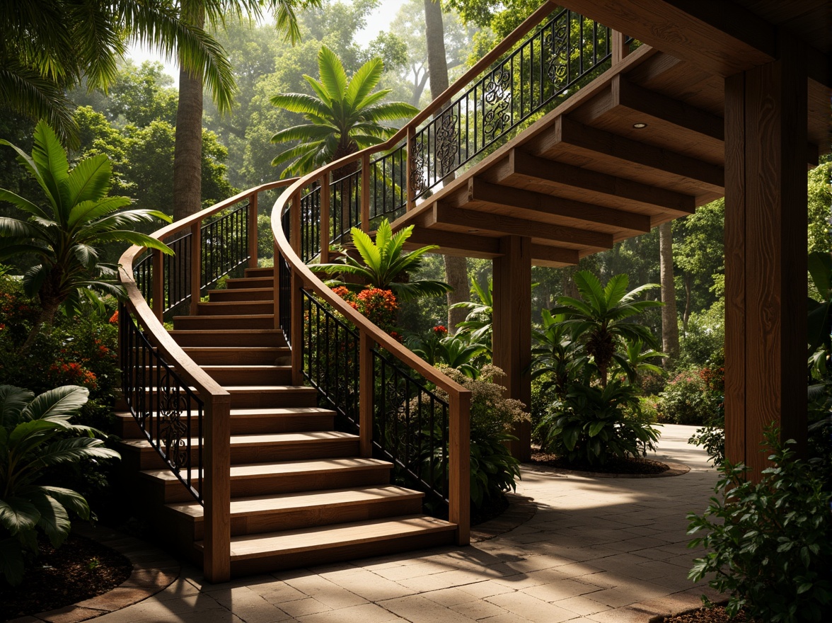 Prompt: Tropical staircase, elegant balustrades, intricately carved wooden handrails, ornate metal railings, lush greenery, exotic flowers, natural stone steps, polished wood flooring, warm ambient lighting, shallow depth of field, 3/4 composition, soft focus, realistic textures, atmospheric misting.