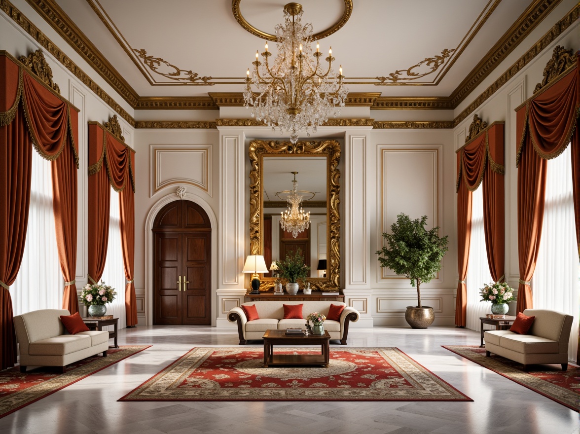 Prompt: Elegant mansion interior, ornate moldings, carved wood paneling, polished marble floors, crystal chandeliers, luxurious velvet drapes, richly patterned rugs, gilded frames, intricate plasterwork, soft warm lighting, creamy white walls, high ceilings, symmetrical composition, realistic textures, ambient occlusion.