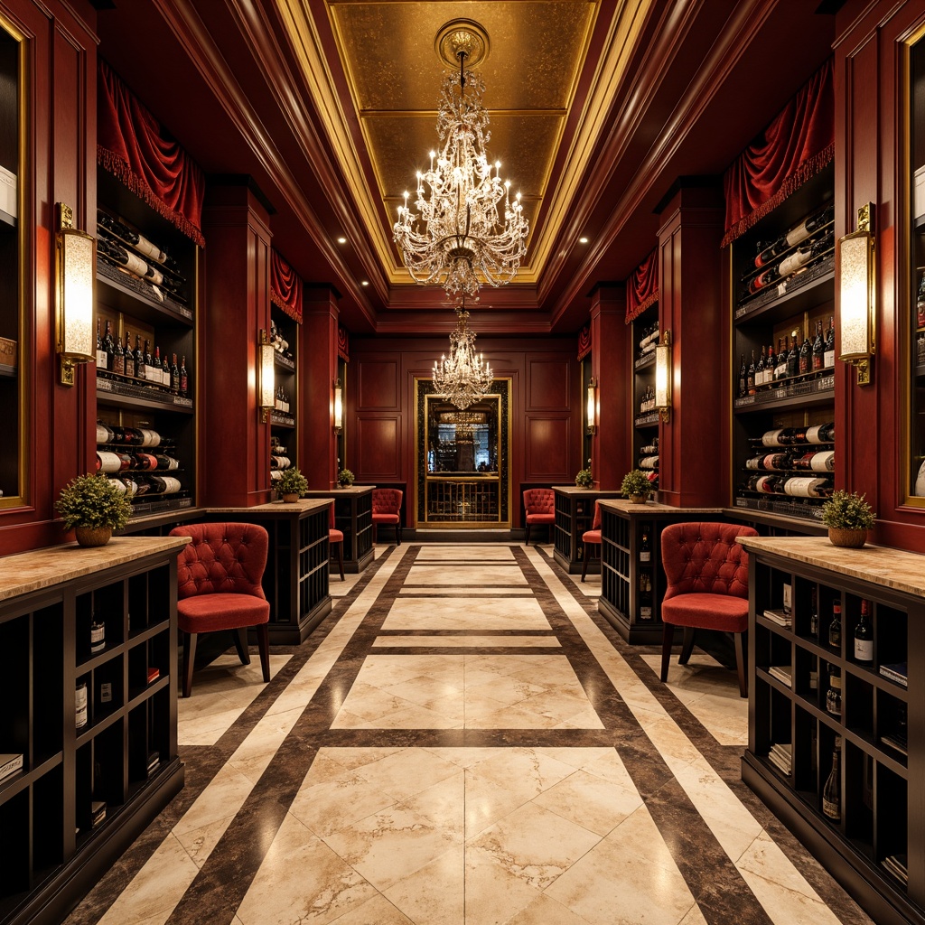 Prompt: Luxurious wine cellar, metallic accents, rich wood tones, opulent velvet drapes, geometric patterns, ornate mirrors, crystal chandeliers, bold black lines, lavish gold details, warm beige marble floors, sophisticated burgundy walls, dramatic high ceilings, soft golden lighting, 3/4 composition, shallow depth of field, realistic textures, ambient occlusion.