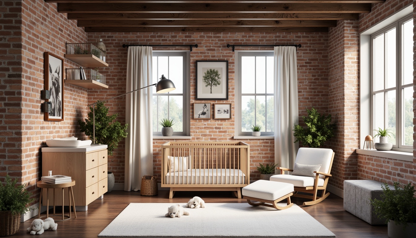 Prompt: Industrial baby nursery, exposed brick walls, metal beams, reclaimed wood accents, soft pastel colors, warm white lighting, floor lamps, table lamps, cozy reading nook, plush area rug, wooden crib, minimalist decor, functional shelving units, stainless steel changing station, comfortable glider chair, soothing ambient sounds, gentle color temperature, 1/1 composition, soft focus, shallow depth of field.