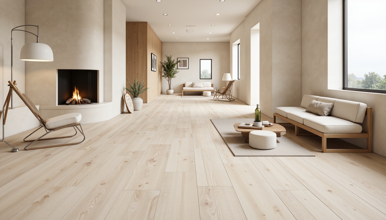 Prompt: Light-toned wooden flooring, bleached oak planks, matte finish, minimal ornamentation, Nordic-inspired patterns, natural textures, subtle grain details, soft warm lighting, cozy atmosphere, minimalist decor, sparse furniture arrangement, neutral color palette, beige walls, white ceiling, modern Scandinavian style hall, open-plan layout, functional simplicity.