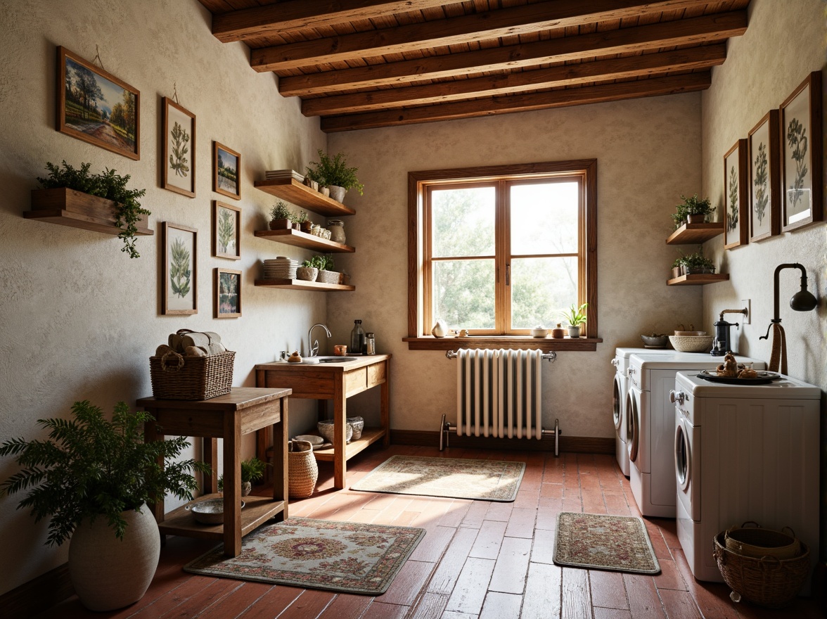 Prompt: Rustic laundry room, distressed wooden floorboards, worn brick red tones, vintage washing machines, antique drying racks, soft warm lighting, natural stone accents, creamy white walls, classic cabinetry, ornate metal fixtures, floral patterned rugs, soft pastel colors, 1/1 composition, shallow depth of field, realistic textures, ambient occlusion.