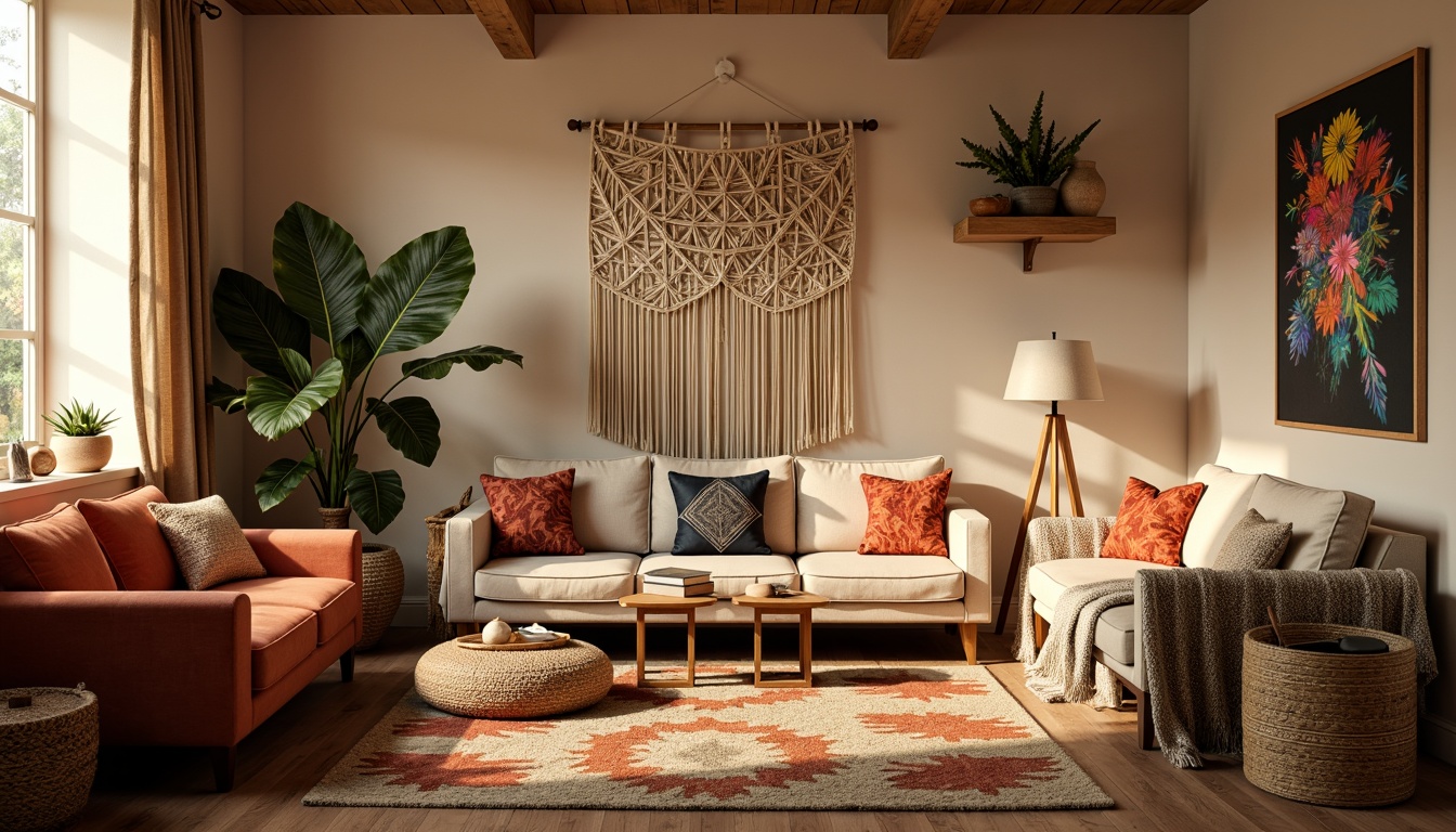 Prompt: Cozy living room, plush velvet sofas, soft chunky blankets, warm beige walls, wooden flooring, natural fiber rugs, woven baskets, macrame wall hangings, vibrant colorful throw pillows, abstract geometric patterns, intricate tribal motifs, comfortable reading nooks, floor lamps, warm soft lighting, shallow depth of field, 3/4 composition, realistic textures, ambient occlusion.