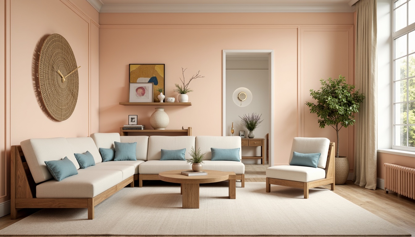 Prompt: Soft peach walls, creamy white trim, rich walnut furniture, pastel blue accents, warm beige carpet, natural linen upholstery, gentle gold lighting, minimalist decor, calming atmosphere, serene ambiance, soft focus, shallow depth of field, 1/1 composition, warm color harmony, analogous color scheme.