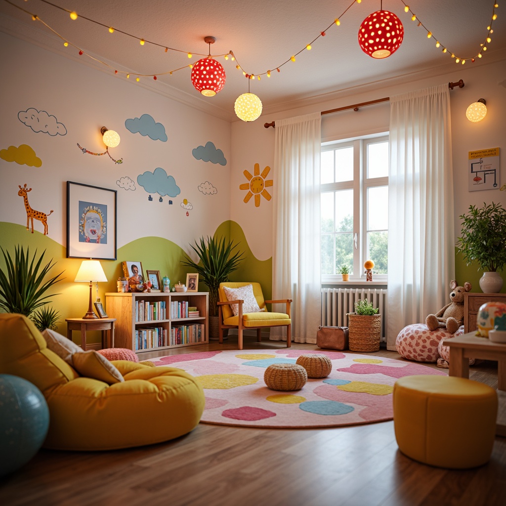 Prompt: Vibrant kids' room, playful furniture, colorful wall decals, whimsical string lights, soft pastel hues, cozy reading nook, warm floor lamps, lively ceiling fixtures, fun polka dot shades, creative LED installations, imaginative cloud-shaped lanterns, bright sunshine-inspired chandeliers, adventurous jungle-themed lighting, fantastical fairy lights, youthful bean bag chairs, stimulating educational posters, happy decorative accents, lively 3D geometric patterns, soft warm glow, shallow depth of field, panoramic view, realistic textures, ambient occlusion.