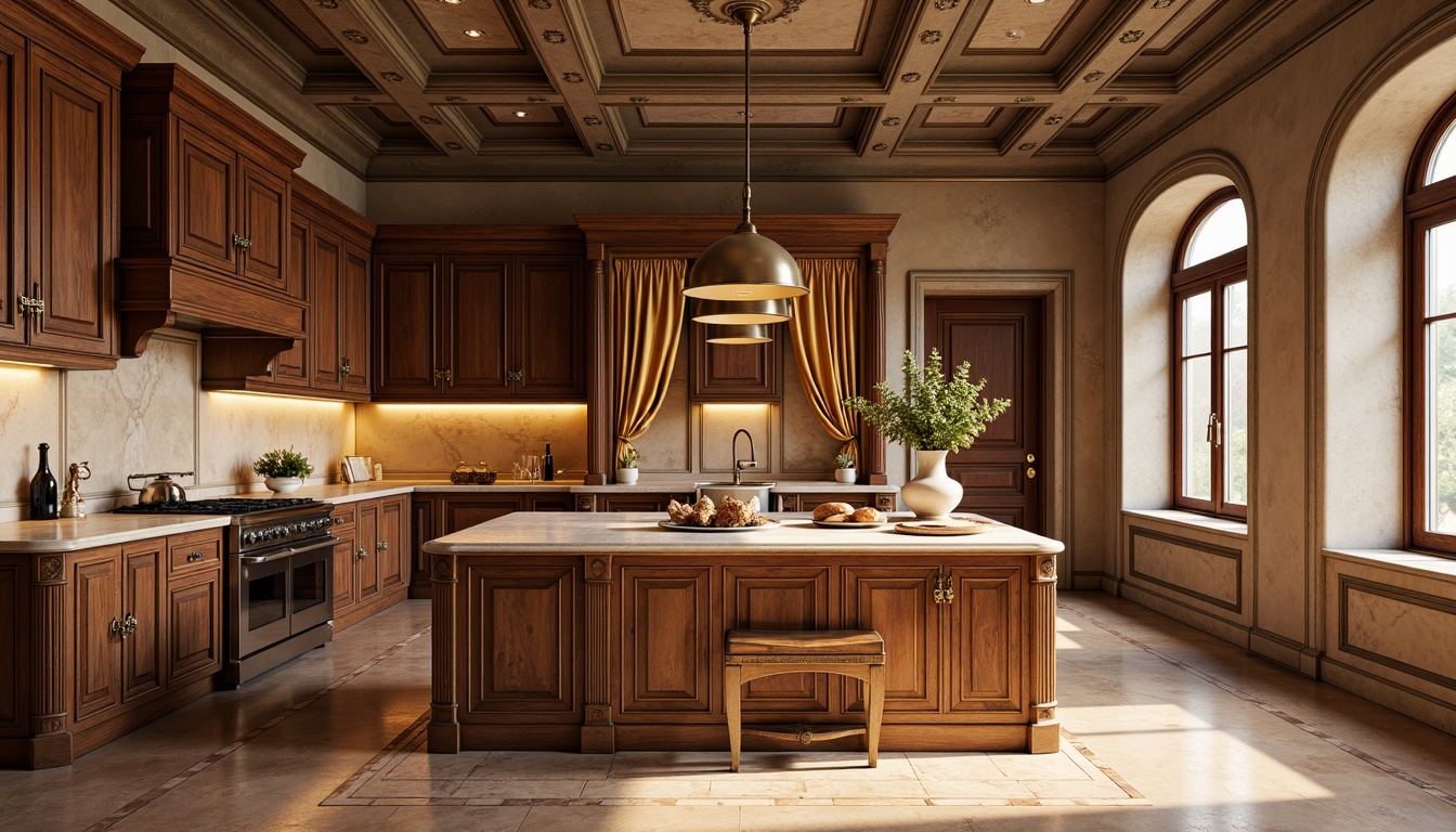 Prompt: Elegant Renaissance-inspired kitchen, ornate cabinetry, rich wood tones, creamy marble countertops, subtle veining patterns, warm golden lighting, classic archways, refined molding details, luxurious fabrics, velvet drapes, antique bronze hardware, intricate inlays, soft warm colors, shallow depth of field, 1/2 composition, realistic textures, ambient occlusion.