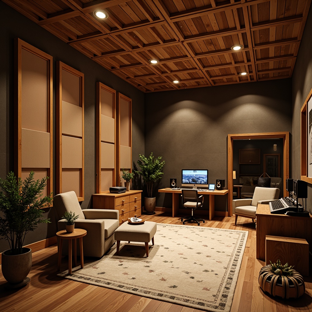 Prompt: Cozy recording studio, soundproofing materials, acoustic panels, wooden diffusers, soft fabric upholstery, ergonomic chairs, professional audio equipment, mixing consoles, studio monitors, high-quality microphones, sound-absorbing materials, ambient warm lighting, shallow depth of field, 3/4 composition, realistic textures, warm earthy tones, natural wood accents.