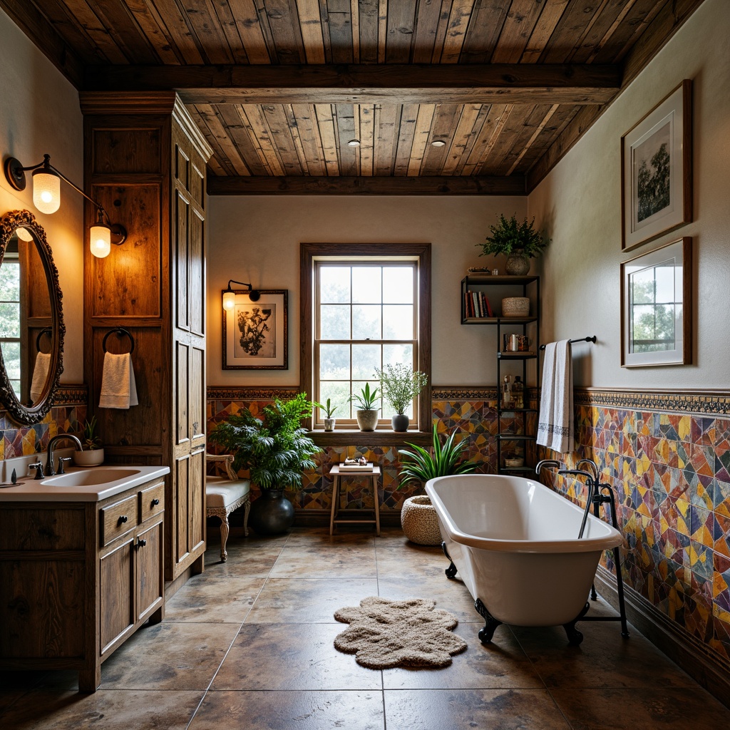 Prompt: Whimsical eclectic bathroom, vintage fixtures, distressed wood cabinets, ornate mirrors, freestanding tubs, rainfall showerheads, bold colorful tiles, mosaic backsplashes, industrial pipe lighting, reclaimed wood shelving, natural stone flooring, unique decorative accents, statement wallpaper, luxurious textiles, warm ambient lighting, shallow depth of field, 1/1 composition, realistic textures, soft focus.