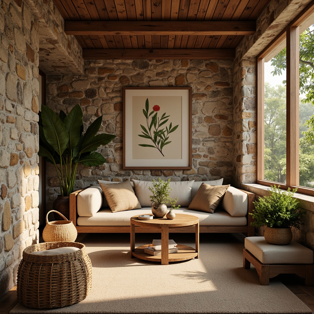 Prompt: Earthy tones, natural textures, wooden accents, stone walls, organic shapes, warm lighting, cozy atmosphere, rustic charm, earth-inspired colors, sienna red, oatmeal beige, sage green, mossy stones, woven baskets, vintage furniture, distressed wood, nature-inspired patterns, botanical illustrations, soft focus, shallow depth of field, 1/1 composition, realistic rendering.