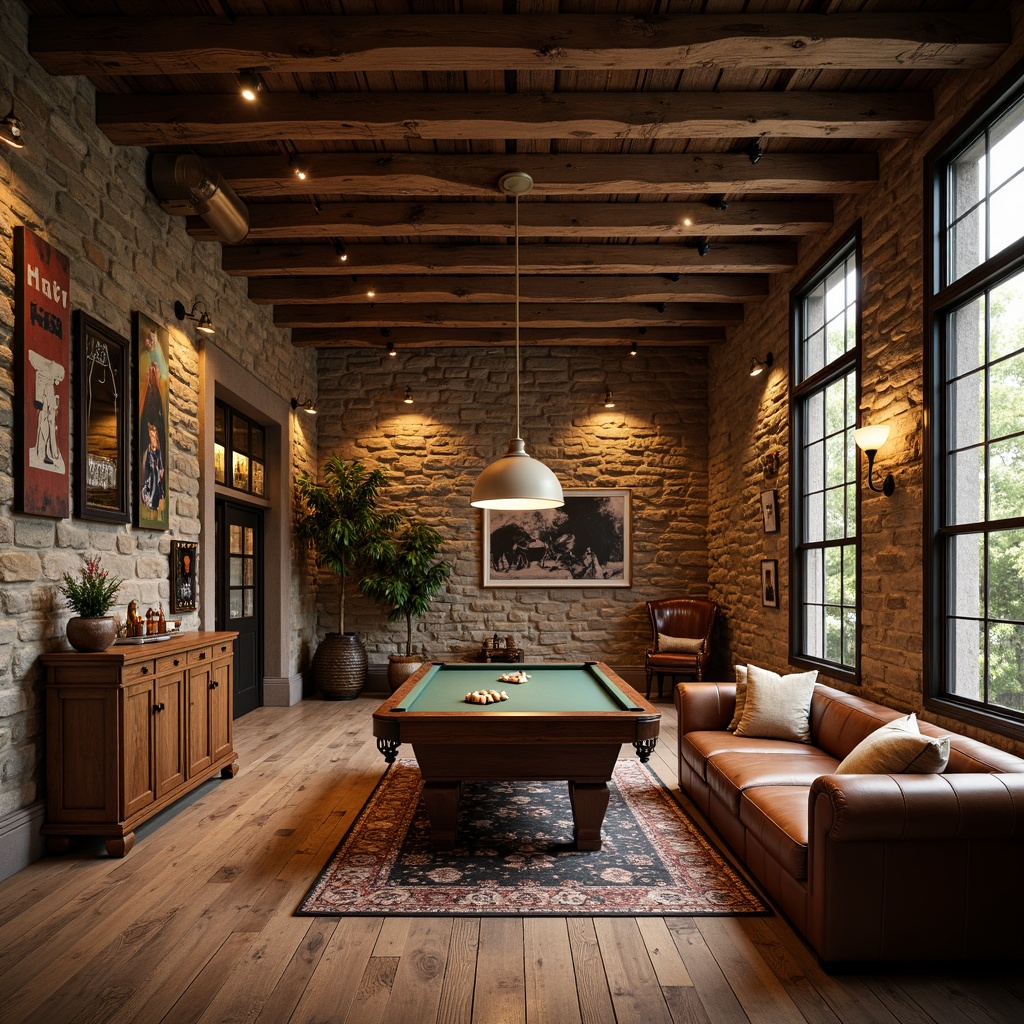 Prompt: Rustic game room, wooden accents, vintage decor, distressed flooring, reclaimed wood planks, earthy tones, natural textures, stone walls, cozy atmosphere, warm lighting, suspended lanterns, industrial metal beams, comfortable seating, rich leather sofas, antique furniture pieces, nostalgic memorabilia, soft carpeting, area rugs, warm beige colors, inviting ambiance, 3/4 composition, shallow depth of field, realistic textures, ambient occlusion.