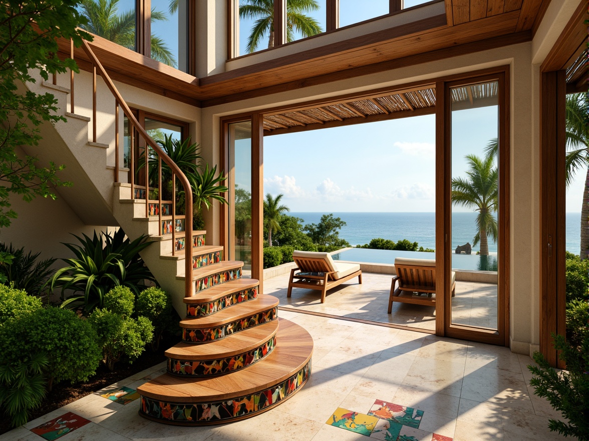 Prompt: Tropical villa, curved staircase, stylish treads, warm wooden tones, exotic plant patterns, vibrant greenery, colorful tile inlays, natural stone walls, large windows, sliding glass doors, ocean views, sunny day, soft warm lighting, shallow depth of field, 3/4 composition, panoramic view, realistic textures, ambient occlusion, beachy atmosphere, seaside scenery, driftwood decor, woven rattan furniture, bold colorful accents, eclectic global-inspired patterns.