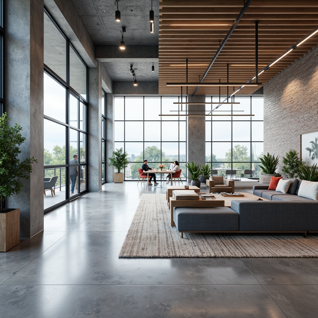 Prompt: Modern office interior, sleek minimalist design, neutral color palette, calming blues, crisp whites, warm wood tones, subtle metallic accents, industrial chic, exposed brick walls, polished concrete floors, natural textiles, abundant greenery, floor-to-ceiling windows, soft diffused lighting, 1/1 composition, realistic renderings, ambient occlusion.