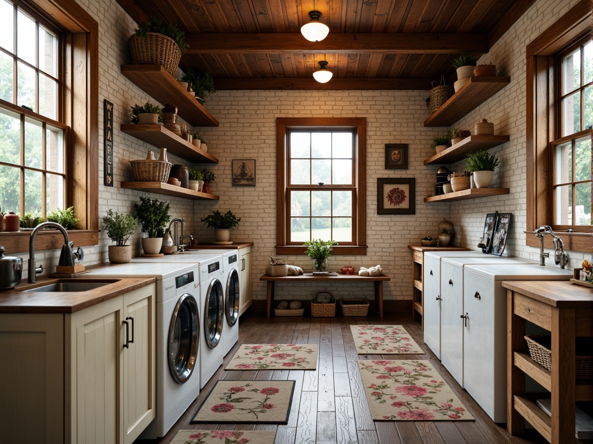 Prompt: Vintage laundry room, distressed wood flooring, worn brick walls, antique washing machines, nostalgic metal signs, soft warm lighting, natural stone countertops, rustic wooden shelves, woven baskets, creamy white cabinets, classic ceramic tiles, floral patterned rugs, calming pastel colors, shallow depth of field, 1/1 composition, realistic textures, ambient occlusion.