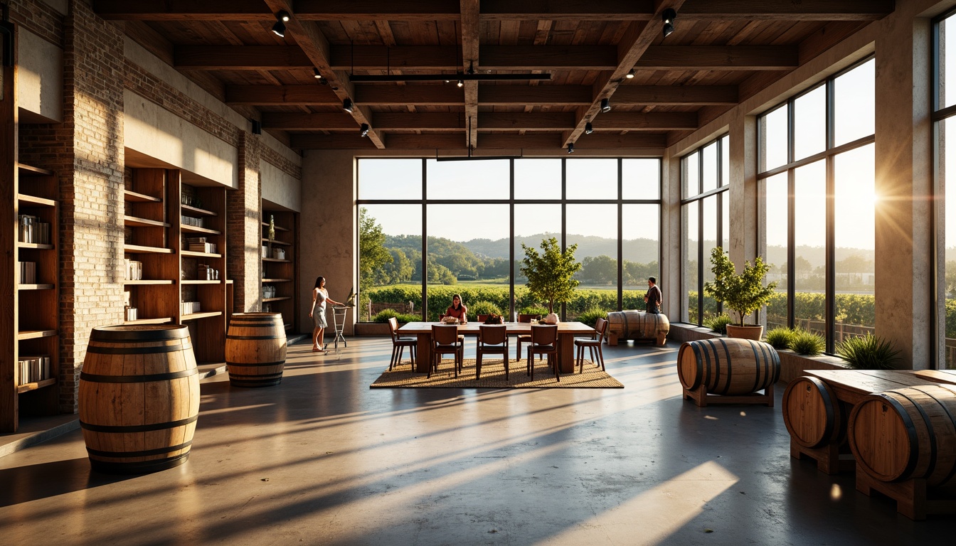 Prompt: Rustic winery interior, industrial metal beams, reclaimed wood accents, polished concrete floors, vintage wine barrels, modern minimalist decor, Edison bulb lighting, distressed brick walls, large windows, natural light, rolling hills, vineyard views, sunny afternoon, warm golden lighting, shallow depth of field, 1/1 composition, realistic textures, ambient occlusion.