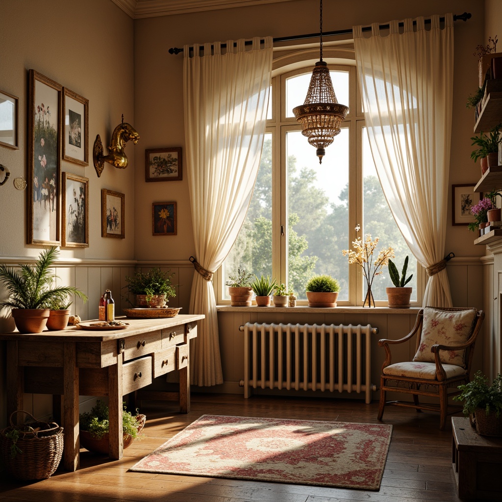 Prompt: Soft warm glow, distressed finishes, vintage decor, rustic wooden furniture, floral patterns, lace curtains, pastel colors, candlelight, warm beige tones, softbox lighting, subtle shadows, romantic ambiance, cozy atmosphere, natural textiles, woven baskets, antique fixtures, ornate metalwork, muted color palette, whimsical details, distressed wood floors, faded elegance.