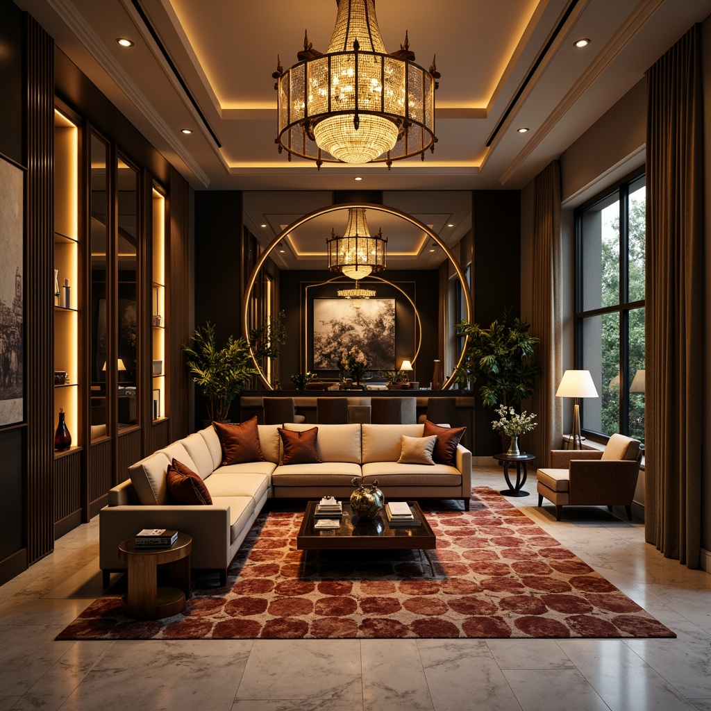 Prompt: Luxurious living room, opulent furniture, curved lines, metallic accents, rich fabrics, velvet sofas, geometric patterns, marble floors, ornate mirrors, lavish chandeliers, warm golden lighting, 1920s inspired decor, bold color schemes, eclectic artwork, statement pieces, minimalist walls, symmetrical composition, high-gloss finishes, refined textures, atmospheric shading, cinematic mood.