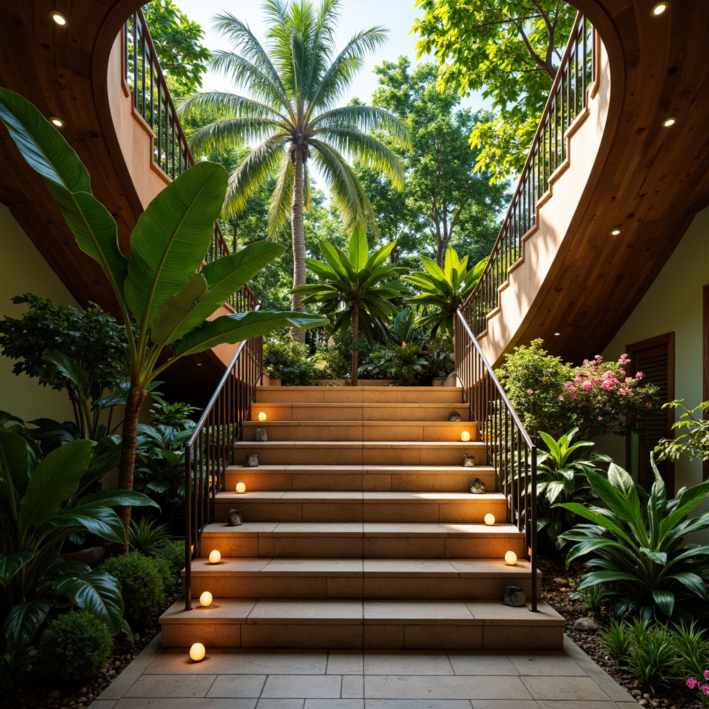 Prompt: Tropical staircase, lush green walls, exotic wood banisters, natural stone steps, warm ambient lighting, soft warm glow, recessed LED lights, elegant chrome railings, tropical plants, vibrant colorful flowers, sunny day, dappled shade, 1/1 composition, shallow depth of field, realistic textures, ambient occlusion.