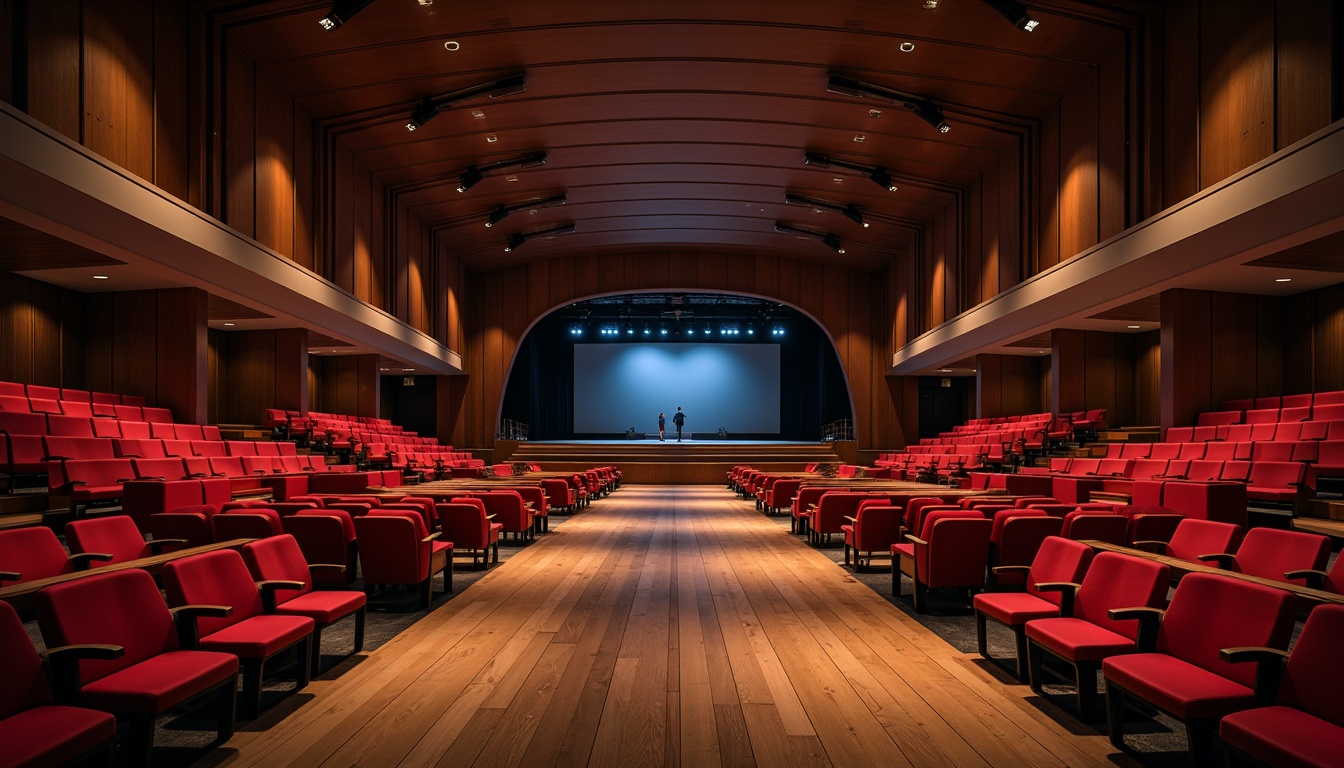 Prompt: Modern auditorium interior, streamline architecture, curved lines, minimal ornamentation, sleek wooden flooring, plush red velvet seats, tiered seating arrangement, optimal viewing angles, ample legroom, adjustable armrests, comfortable cushioning, subtle ambient lighting, spotlights on stage, proscenium arch, rich wood tones, metallic accents, geometric patterns, futuristic aesthetic, high ceilings, open space, 3/4 composition, shallow depth of field, panoramic view.