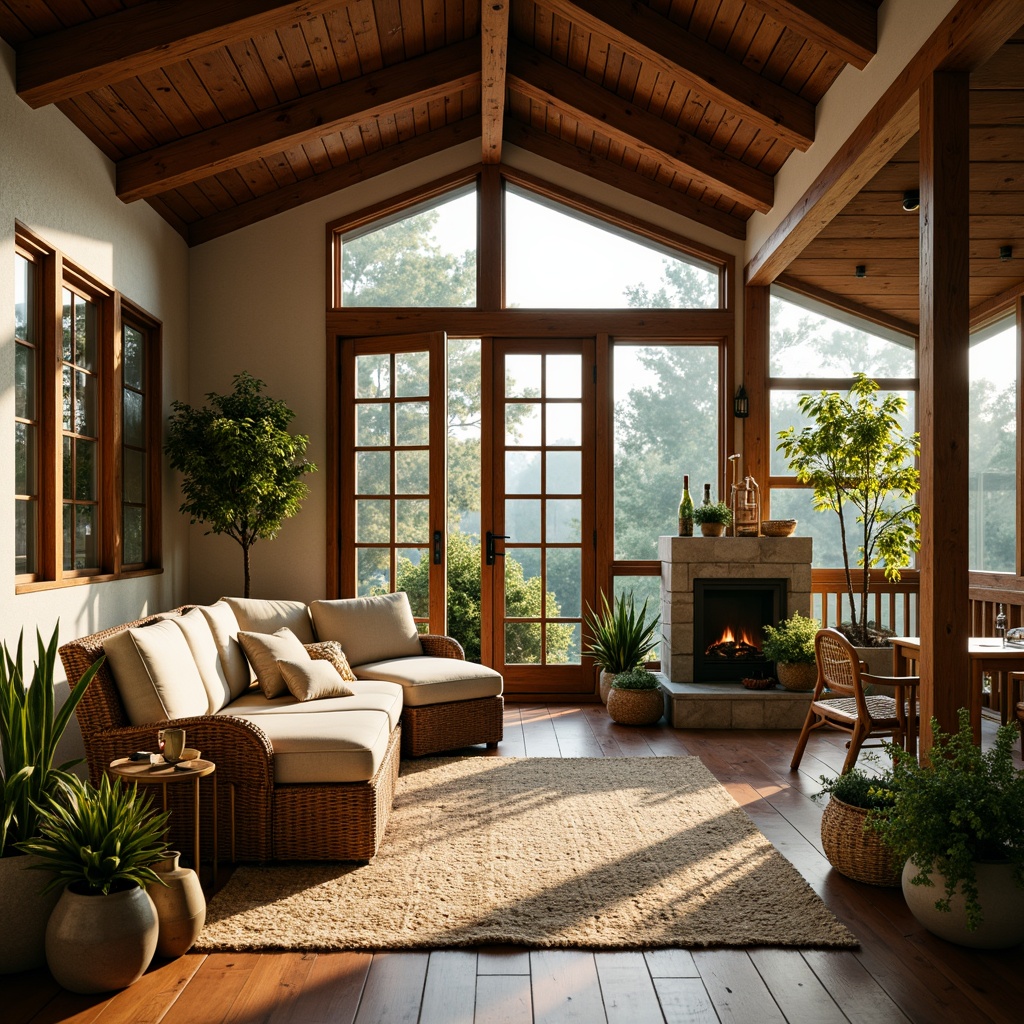 Prompt: Cozy sunroom, warm wooden floors, comfortable wicker furniture, plush cushions, natural fiber rugs, vintage decorative accents, earthy color palette, abundance of plants, large windows, sliding glass doors, soft diffused light, warm afternoon ambiance, shallow depth of field, 1/1 composition, inviting atmosphere, rustic wooden beams, stone fireplace, handmade ceramics, woven textiles, nature-inspired patterns.