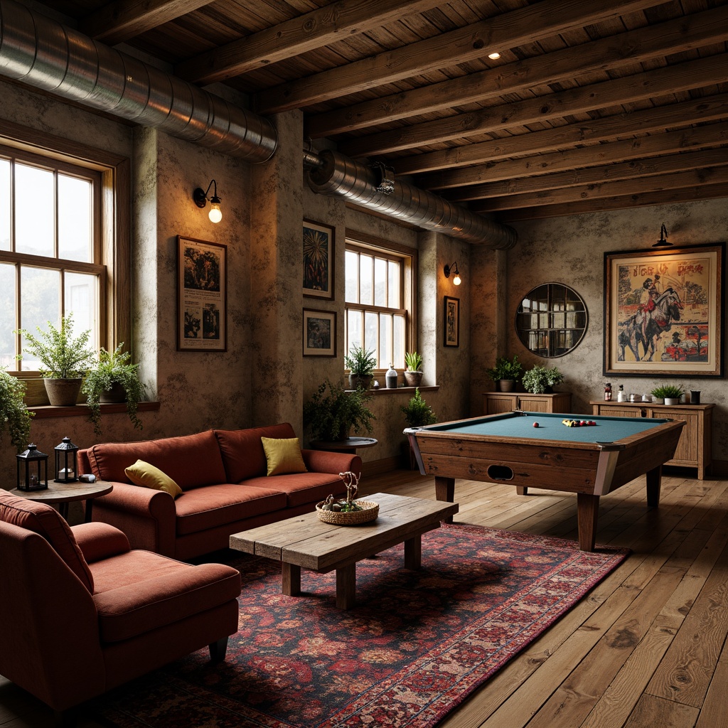 Prompt: Rustic game room, wooden accents, distressed finishes, vintage posters, plush armchairs, velvet sofas, wooden coffee tables, metal lanterns, stone walls, wooden floors, cozy atmosphere, warm lighting, shallow depth of field, 1/2 composition, realistic textures, ambient occlusion, nostalgic colors, earthy tones, natural fabrics, industrial-style decor, reclaimed wood shelves, comfortable seating areas, vibrant colorful rugs.