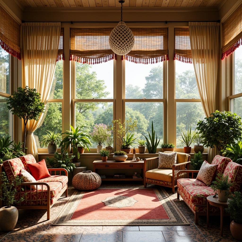 Prompt: Vibrant eclectic sunroom, floor-to-ceiling windows, natural linen drapes, woven bamboo shades, colorful tassel trim, distressed wood accents, plush area rugs, vintage furniture pieces, lush greenery, exotic potted plants, Moroccan-inspired tiles, warm sunny day, soft diffused lighting, 1/1 composition, intimate atmosphere, realistic textures.