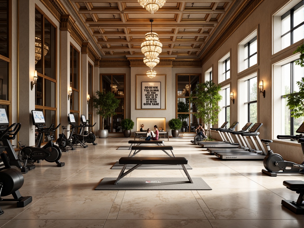 Prompt: Elegant home gym, neoclassical architecture, ornate columns, grand chandeliers, high ceilings, marble floors, mirrored walls, luxurious wood panels, state-of-the-art exercise equipment, free weights, treadmills, stationary bicycles, Olympic benches, yoga mats, inspirational quotes, large windows, natural light, soft warm glow, shallow depth of field, 3/4 composition, panoramic view, realistic textures, ambient occlusion.