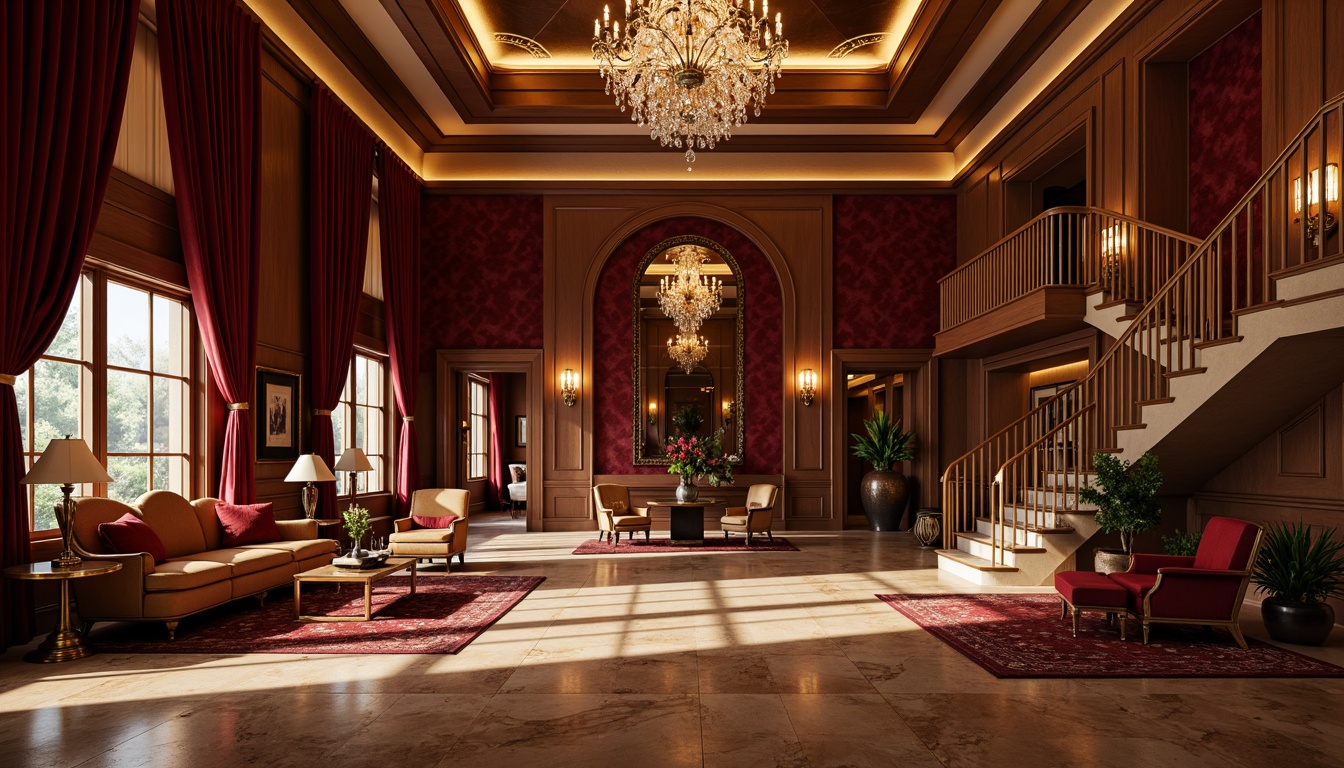 Prompt: Rich maroon walls, luxurious velvet fabrics, golden accent lighting, ornate wooden furniture, lavish crystal chandeliers, opulent drapery, majestic high ceilings, grandiose staircases, richly patterned rugs, warm beige marble floors, sophisticated modern architecture, dramatic shadowing, cinematic color grading, 1/2 composition, shallow depth of field, soft warm lighting.