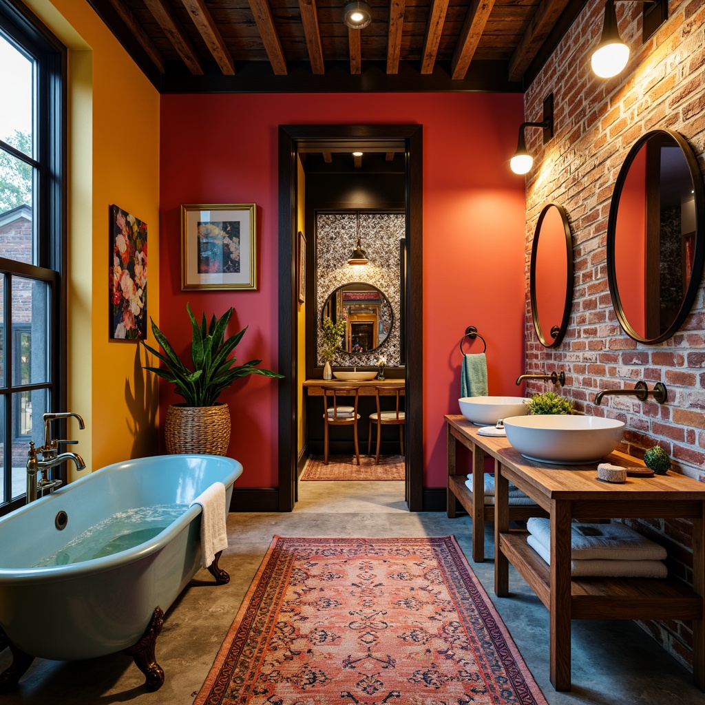 Prompt: Vibrant eclectic bathroom, bold color schemes, mixed metal fixtures, antique bronze faucets, polished chrome accents, reclaimed wood vanities, distressed finishes, industrial-style lighting, exposed brick walls, geometric patterned tiles, Moroccan-inspired mosaics, ornate mirrors, luxurious textiles, plush area rugs, natural stone floors, free-standing tubs, rainfall showerheads, LED-lit niches, whimsical decorative accessories, eclectic artwork, soft warm ambiance, 1/1 composition, shallow depth of field.