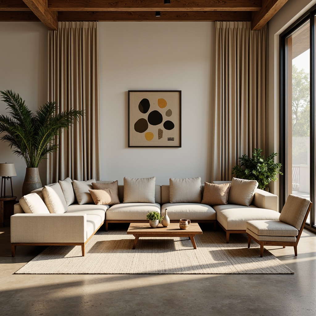 Prompt: Cozy living room, plush sofas, velvet armchairs, reclaimed wood coffee tables, minimalist metal lamps, soft cream-colored rugs, natural stone walls, floor-to-ceiling windows, warm beige curtains, elegant vases, lush green plants, modern abstract art, ambient lighting, 1/2 composition, realistic textures, subtle shadows.