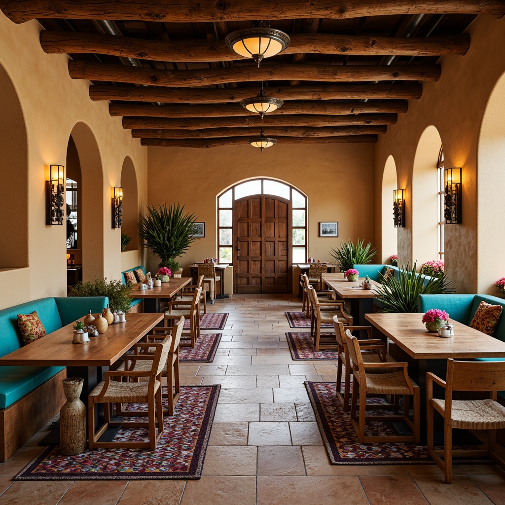 Prompt: Southwestern dining hall, earthy tone palette, rustic wooden tables, comfortable woven chairs, vibrant turquoise accents, geometric patterned rugs, natural stone flooring, warm pendant lighting, distressed wood beams, arched windows, desert botanicals, cactus decorations, colorful ceramic vases, woven baskets, Spanish-inspired tile work, warm beige walls, cozy corner banquettes, ornate metal door hardware, ambient warm glow, shallow depth of field, 1/2 composition, realistic textures.