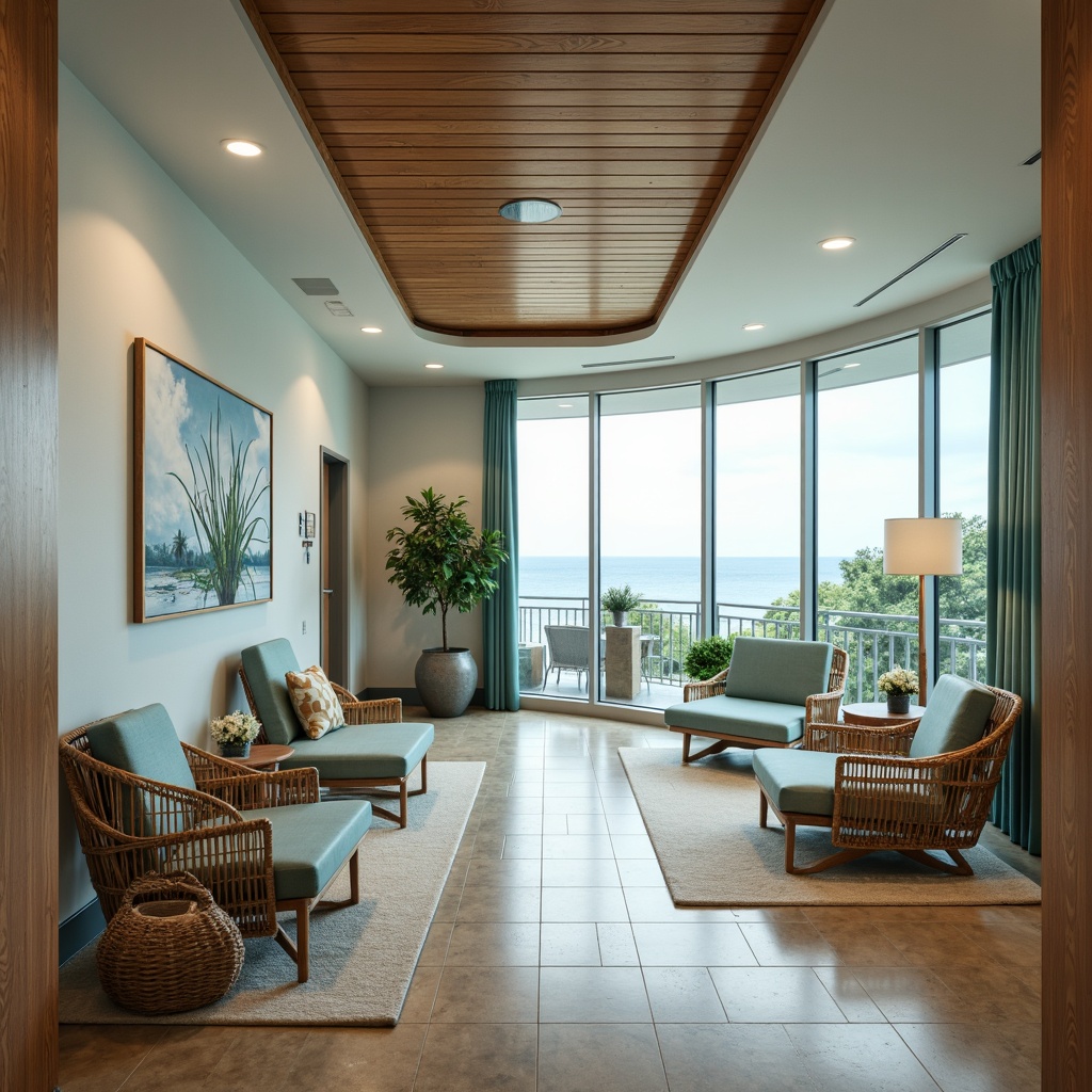 Prompt: \Serene coastal hospital interior, natural wood accents, calming blue-green color palette, comfortable wicker furniture, plush cushions, rounded corners, minimalist decor, large windows, ocean views, soft diffused lighting, shallow depth of field, 1/2 composition, warm beige floors, textured area rugs, driftwood-inspired wall art, aquatic-themed accessories, soothing ambient sounds, peaceful atmosphere, functional medical equipment, ergonomic patient chairs, gentle curved lines.\Let me know if this meets your expectations!