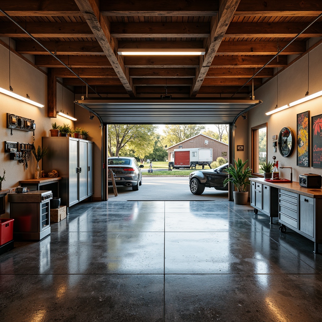 Prompt: Rustic garage interior, epoxy resin flooring, high-gloss finish, vibrant color schemes, industrial-style lighting, exposed ceiling beams, metal storage cabinets, functional workbenches, tool organizers, modern minimalist decor, sleek garage doors, polished concrete floors, metallic coatings, textured surfaces, warm ambient lighting, shallow depth of field, 1/1 composition, realistic textures, ambient occlusion.