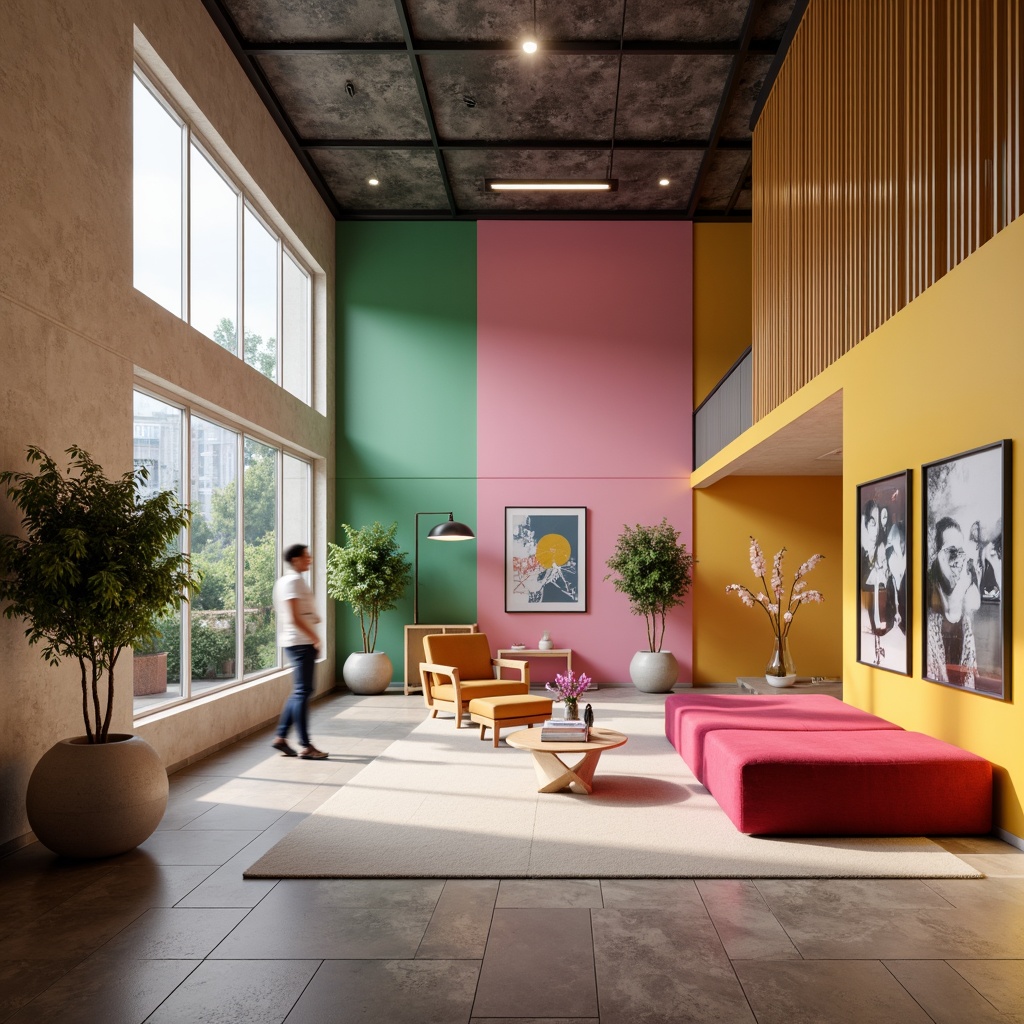 Prompt: Vibrant modern interior, trendy color schemes, bold accent walls, pastel hues, neutral backgrounds, rich textures, sleek metallic accents, warm ambient lighting, shallow depth of field, 1/1 composition, realistic renderings, atmospheric effects.