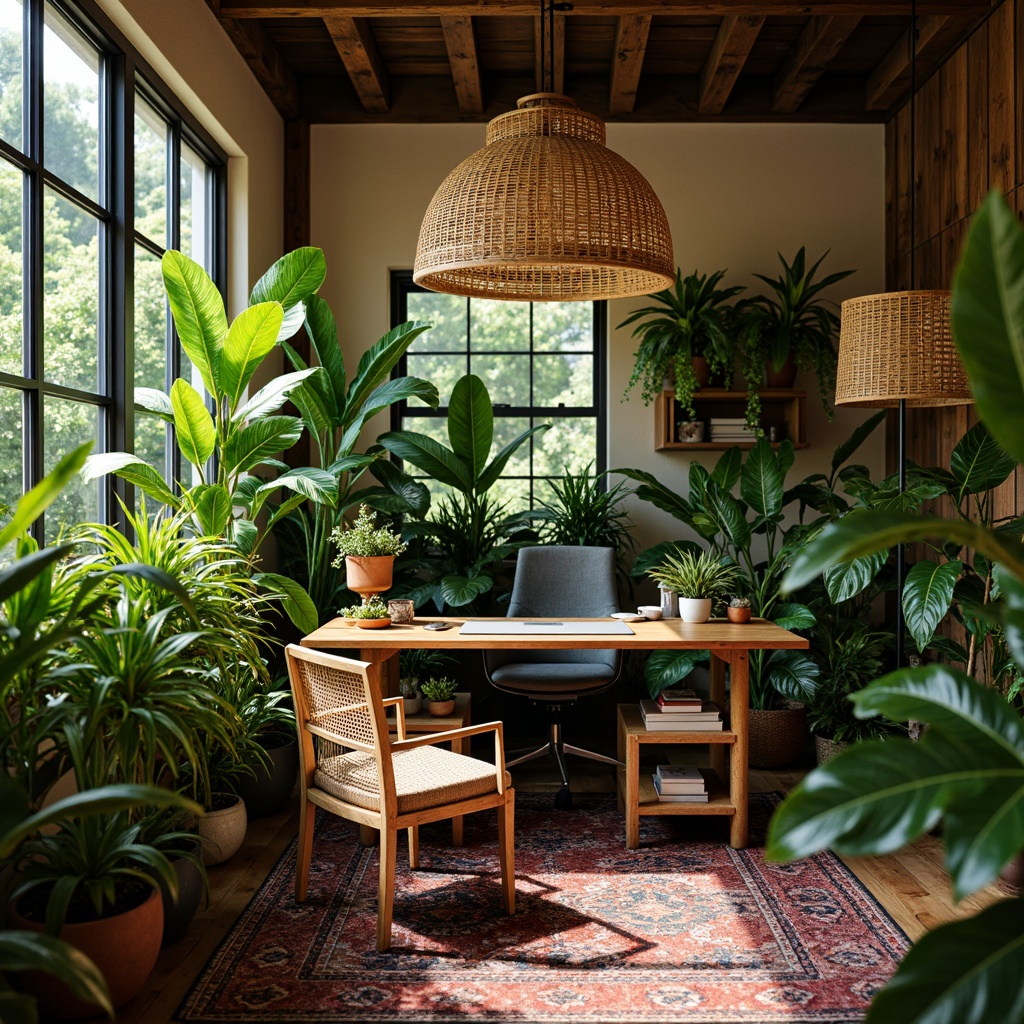 Prompt: Lush tropical home office, exotic indoor plants, vibrant greenery, natural wood desk, woven rattan chair, colorful textiles, rattan lampshades, earthy tone walls, reclaimed wood accents, warm soft lighting, shallow depth of field, 1/2 composition, realistic plant textures, ambient occlusion, refreshing atmosphere, natural ventilation system.