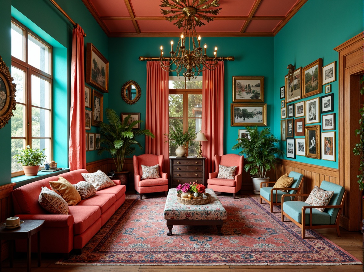 Prompt: Vibrant eclectic interior, rich turquoise accents, bold coral hues, soft mint greenery, warm golden lighting, distressed wood textures, vintage decorative patterns, ornate metal fixtures, luxurious velvet fabrics, bohemian-inspired accessories, global cultural influences, abstract artwork, mix-and-match furniture pieces, playful layered rugs, whimsical statement walls, eclectic gallery display, dramatic ceiling fixtures.