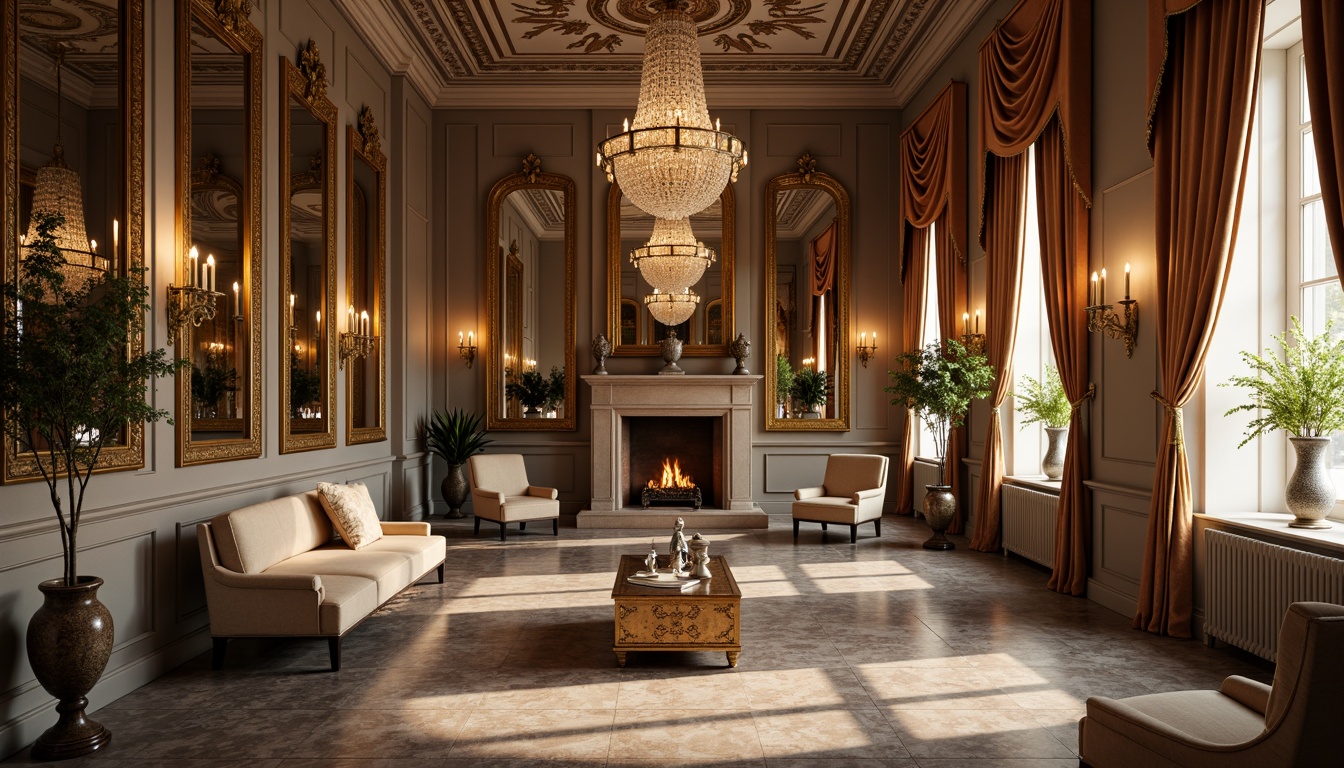 Prompt: Soft warm lighting, ornate mirrors, lavish furnishings, intricately carved wooden panels, gilded frames, crystal chandeliers, velvet drapes, rich tapestries, marble floors, ornamental vases, delicate porcelain figurines, pastel color palette, subtle shading, 1/2 composition, cinematic depth of field, warm soft focus, elegant curved lines, opulent textures, luxurious atmosphere.