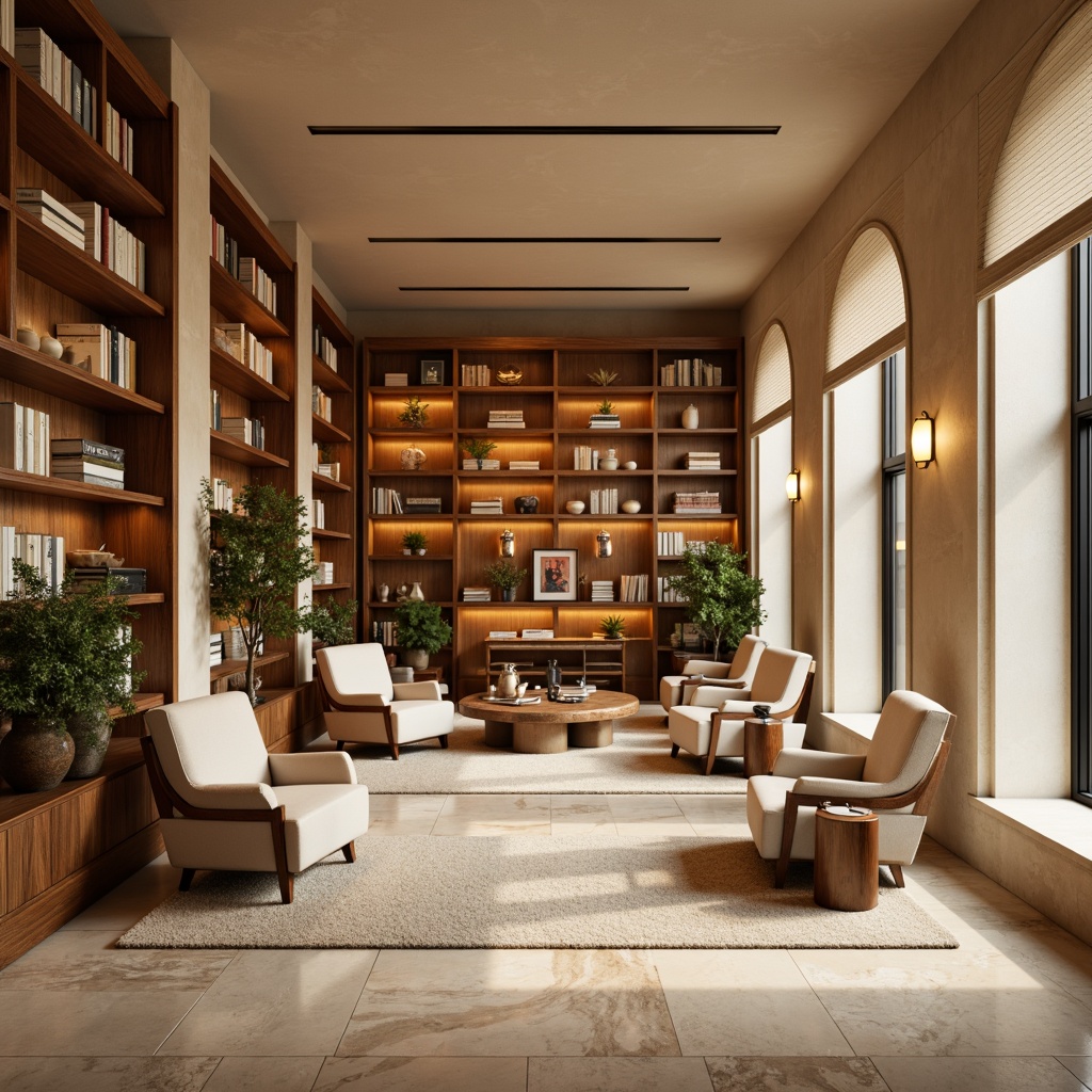 Prompt: Warm beige walls, rich walnut wood accents, soft cream-colored bookshelves, comfortable plush armchairs, warm golden lighting, cozy reading nooks, earthy tone carpets, natural stone floors, minimalist decor, elegant archways, subtle texture contrasts, calming atmosphere, quiet ambiance, floor-to-ceiling windows, abundant natural light, 1/1 composition, realistic renderings, ambient occlusion.