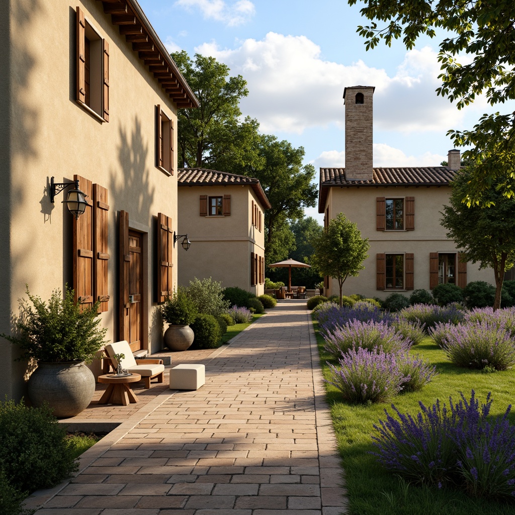 Prompt: Rustic French country estate, warm beige stone walls, soft moss roofs, distressed wood accents, vintage metal lanterns, elegant ironwork, classic wooden shutters, weathered brick pathways, lush greenery, blooming lavender fields, sunny afternoon, warm golden lighting, shallow depth of field, 2/3 composition, intimate perspective, realistic textures, ambient occlusion.