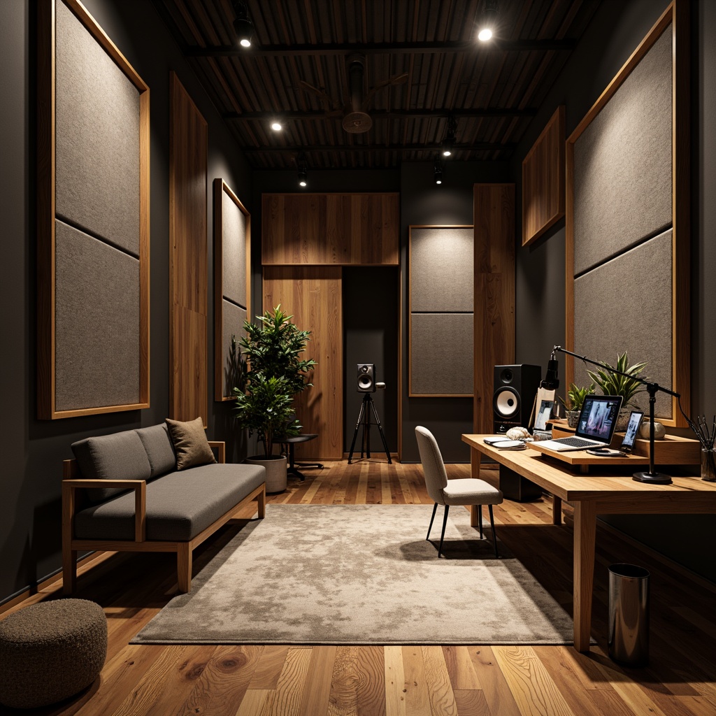 Prompt: Cozy recording studio, soundproofed walls, dark wood accents, minimalistic decor, professional audio equipment, microphone stands, acoustic panels, sound-absorbing materials, grey fabric surfaces, wooden floorboards, dimmable warm lighting, 1/2 composition, shallow depth of field, soft focus, realistic textures.