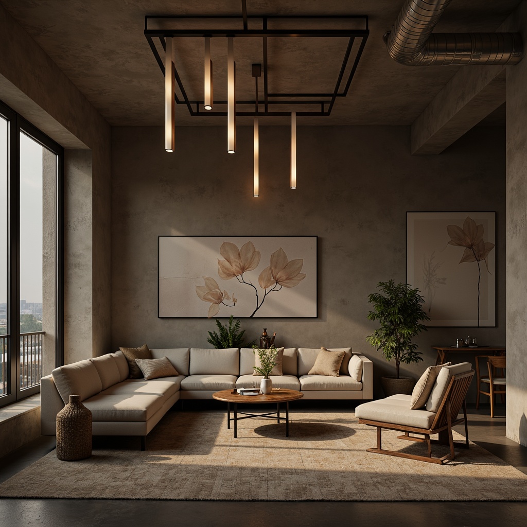 Prompt: Minimalist living room, sleek low-profile ceiling lights, warm soft glow, subtle ambient illumination, recessed downlights, polished chrome fixtures, frosted glass shades, cylindrical shapes, modern industrial design, urban loft atmosphere, concrete floors, exposed ductwork, reclaimed wood accents, natural textiles, sparse furnishings, 1/1 composition, dramatic shadows, high contrast ratio, cinematic lighting.