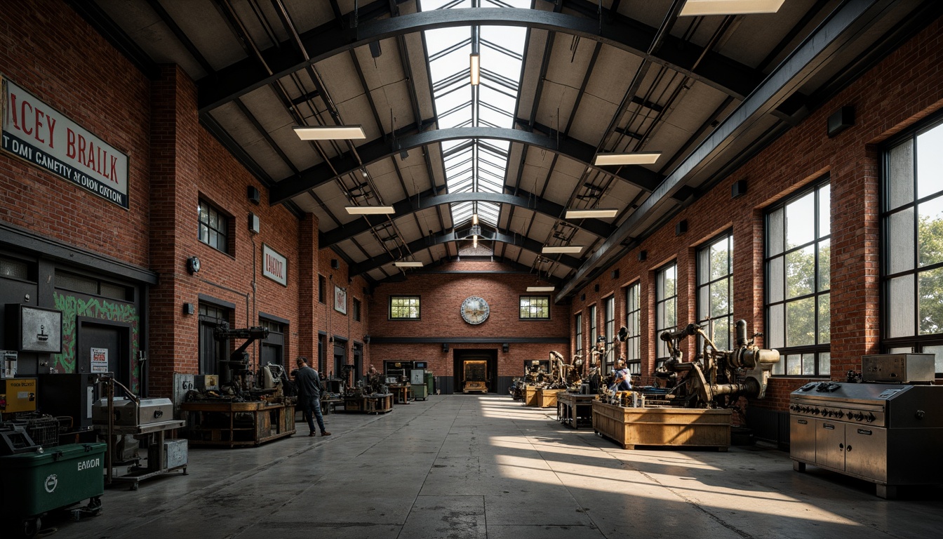 Prompt: Rustic industrial workshop, exposed brick walls, metal beams, reclaimed wood accents, distressed concrete floors, oversized machinery, vintage manufacturing equipment, neon signage, urban graffiti, gritty textures, dramatic high ceilings, natural light pouring through skylights, moody atmospheric lighting, shallow depth of field, 2/3 composition, cinematic view, realistic metallic reflections, ambient occlusion.