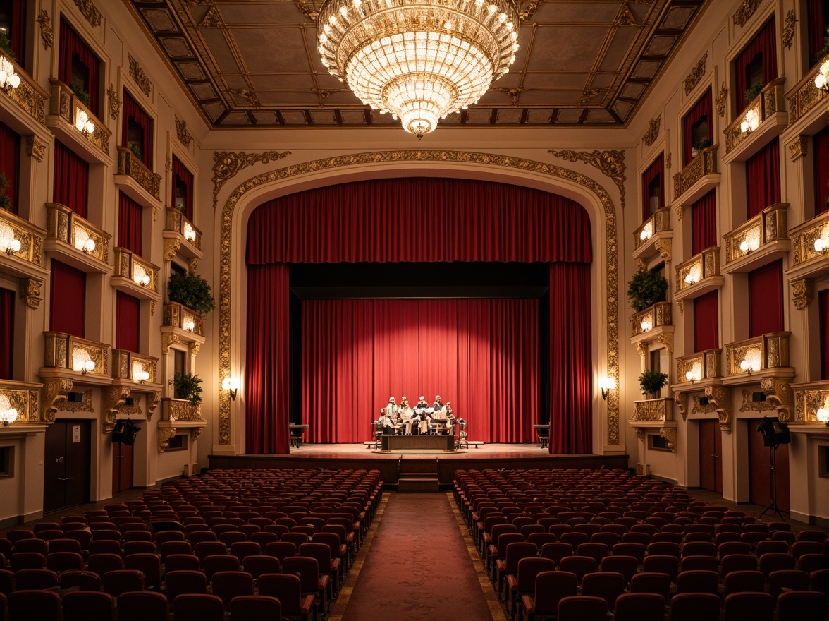 Prompt: Elegant opera house, grand stage, ornate balconies, red velvet curtains, gilded moldings, crystal chandeliers, polished wooden floors, luxurious seating arrangement, comfortable plush chairs, adequate legroom, spacious aisles, excellent acoustics, intimate setting, warm soft lighting, 1/2 composition, shallow depth of field, realistic textures, ambient occlusion.